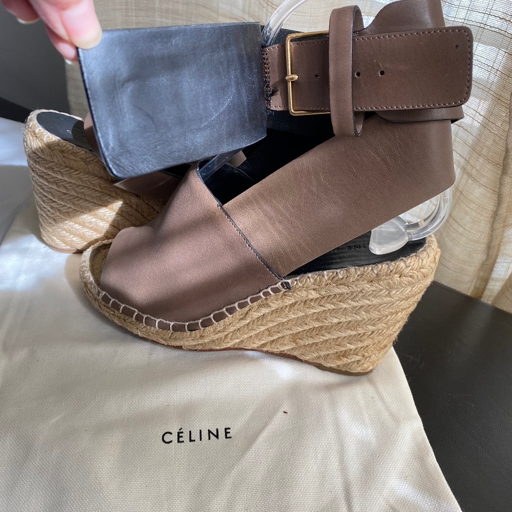 Celine espadrille brown Leather strap wedges ankle strap 36 peep-open toe/heel - Picture 3 of 9